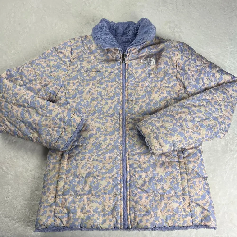 North Face Girls reversible Purple Winter jacket Coat Floral Teddy Bear